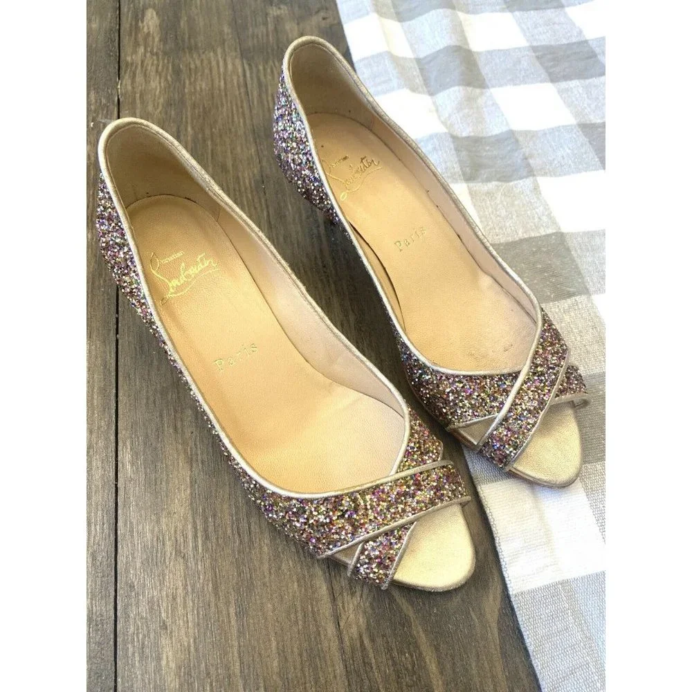 Christian Louboutin Authentic Rainbow Glitter Peep Toe Pumps EU 36 Size 4.5 - Picture 1 of 10